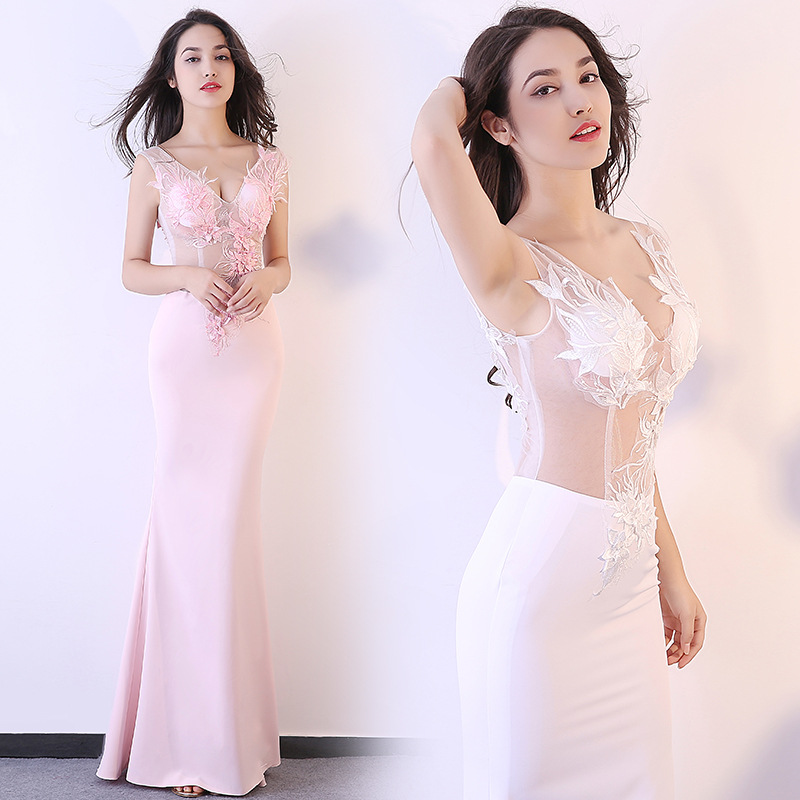 Sexy See Through Long Mermaid Girl Dress Real Silk 3D Floral Decoration