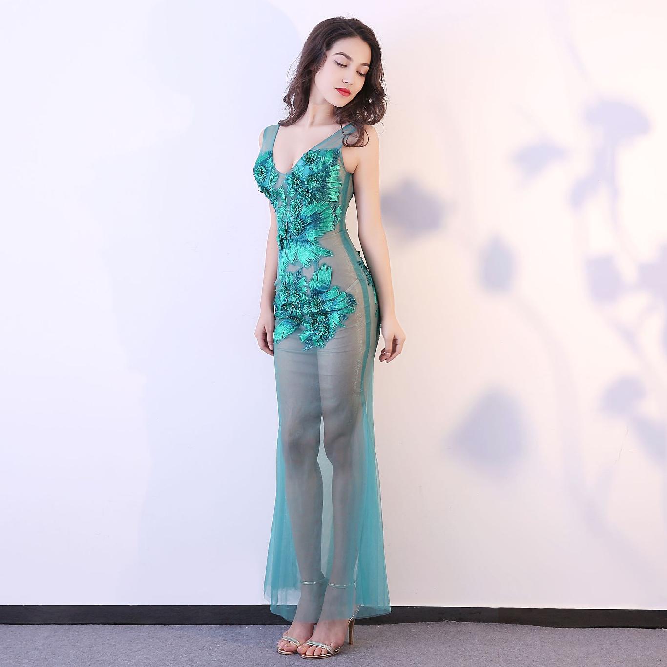 Transparent Sexy Mermaid Silk Long Actress Dress Floral Lace
