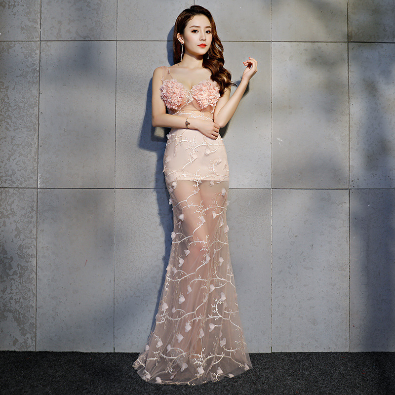 Pink Floor Length Sheer Sexy Mermaid Silk 3D Floral Lace Show Dress