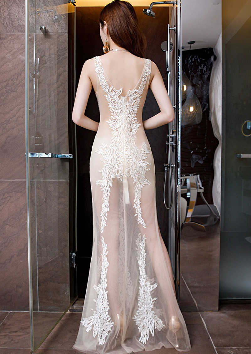 White Floor Length Translucent Silk Lace Dress