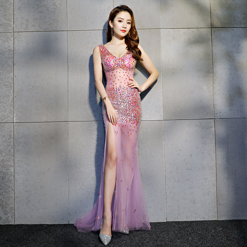 Purple Long A-line Split Prom Evening Dress Train Sequin Stone Sexy See Through