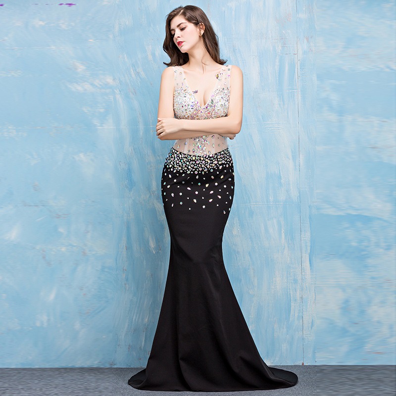 Black Sexy Transparent Silk Mermaid Actress Model Dress With Train Shiny Stones